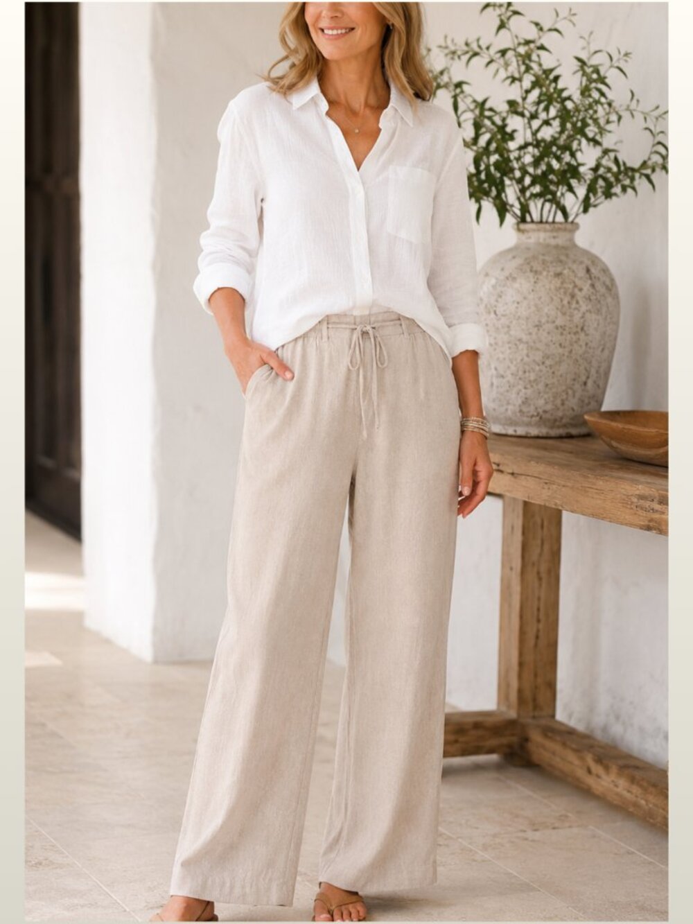 Talbots Linen Blend Wide Leg Pants Flax Beige 12P Coastal Quiet Luxury EUC